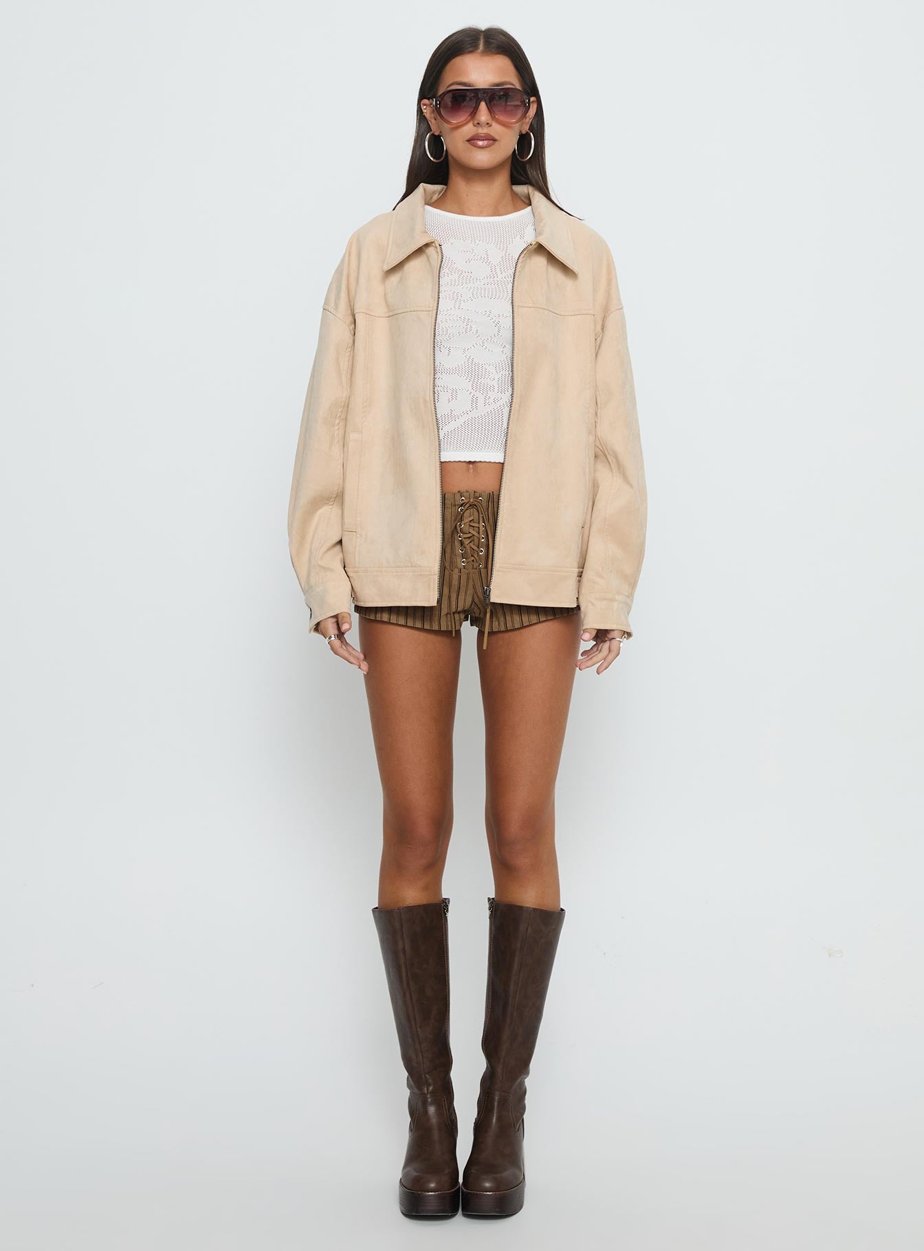 Goldsmith Faux Suede Bomber Jacket Beige | Princess Polly