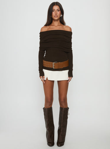 Florrie Off Shoulder Foldover Long Sleeve Top Chocolate