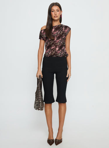 Justyna Sheer Top Off Shoulder Top Brown / Pink Floral