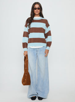 front view of model wearing Princess Polly Ardentia Crew Neck Knit Sweater Aqua Stripe Longline Jumpers 