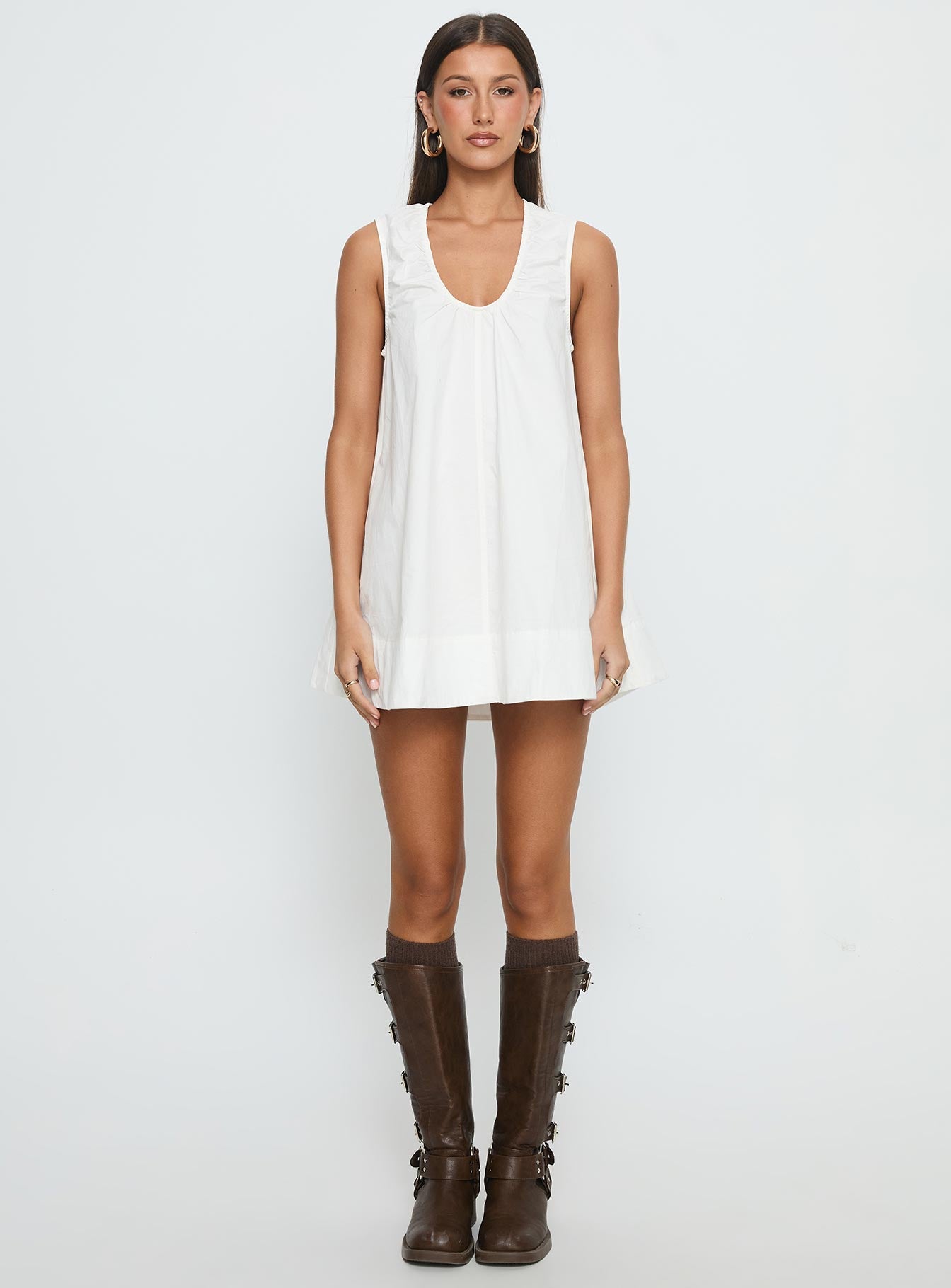 Eberta Ruched Baby Doll Mini Dress White