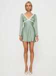 Silky long sleeve mini dress V neckline, lace trim, tie fastening at back, invisible zip fastening at side