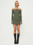 front view of model wearing Princess Polly Moreno Long Sleeve Mini Dress Olive Straight Neck 