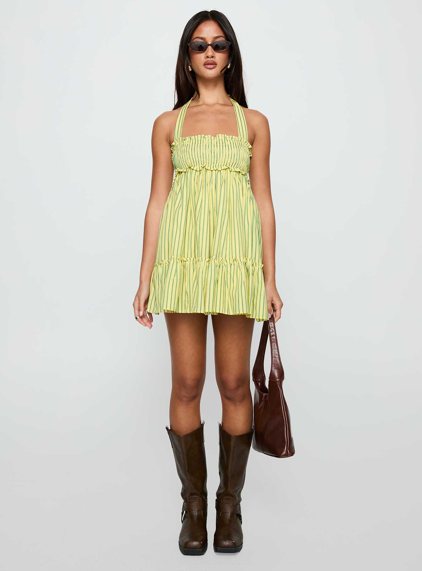 front view of model wearing Princess Polly Tiptoe Mini Dress Yellow Stripe Square Neck 