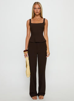 front view of model wearing Princess Polly Kinsie Tailored Pants Brown High Rise Pants 