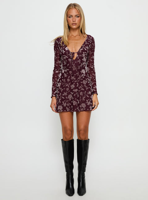 Raylena Long Sleeve V-neck Mini Dress | Burgundy Floral | Womens | Princess Polly Raylena Long Sleeve V-neck Mini Dress | Burgundy Floral | Womens | Princess Polly