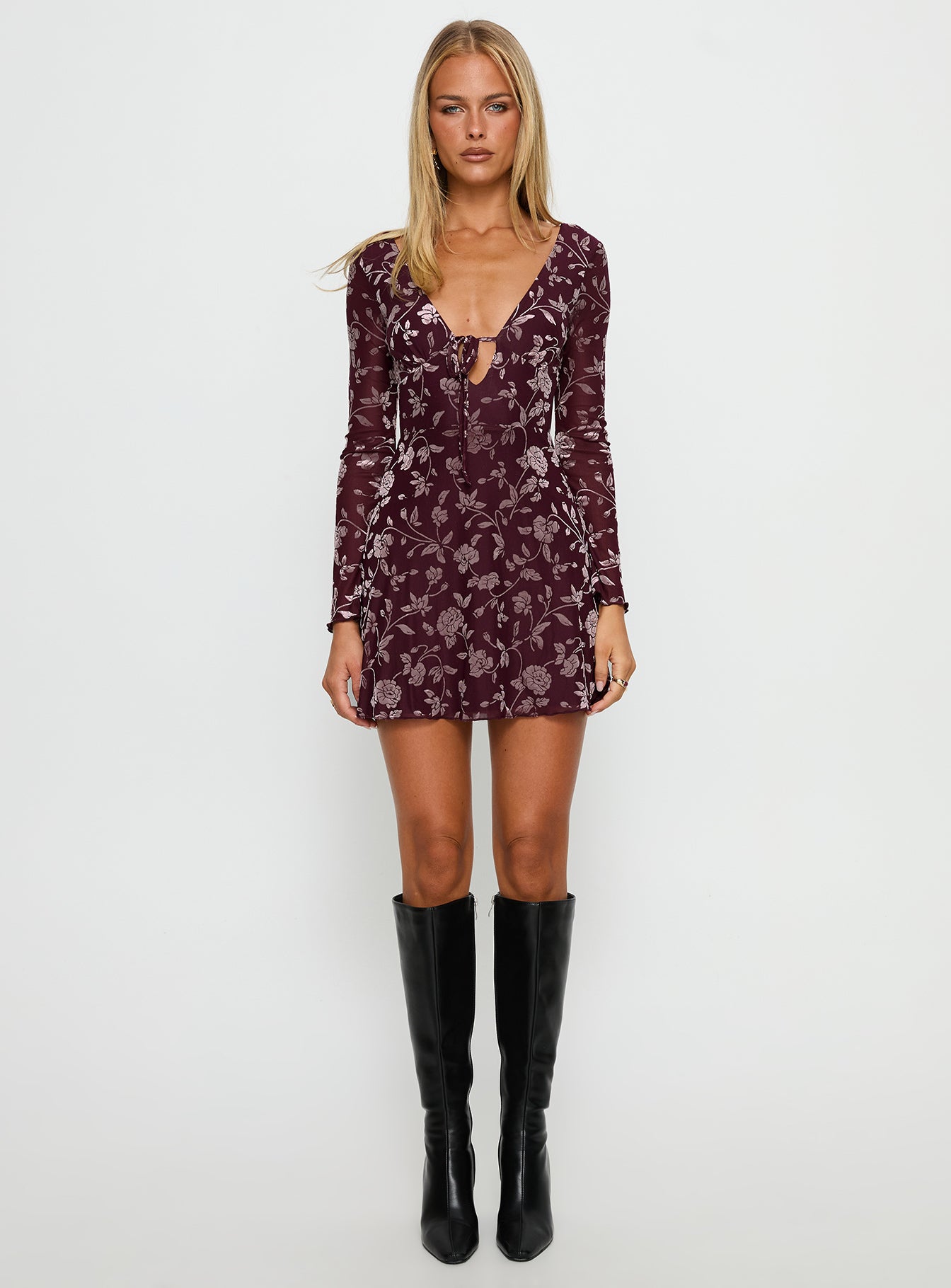Raylena Long Sleeve V-Neck Mini Dress | Burgundy Floral | Womens | Princess Polly Raylena Long Sleeve V-Neck Mini Dress | Burgundy Floral | Womens | Princess Polly