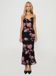 front view of model wearing Princess Polly Manolis Maxi Dress Black / Floral V-Neck 