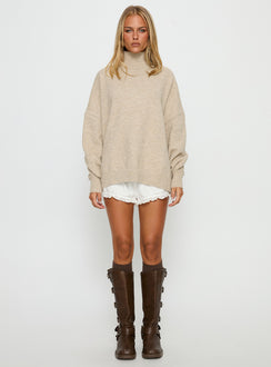 side view of model wearing Princess Polly Patrizia Funnel Neck Knit Sweater Beige 