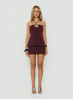 Betsey Ring Detail Tie Neck Mini Dress Burgundy