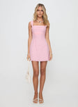 Front view of model wearing  front Princess Polly Square Neck  Anyone But You Mini Dress Pink