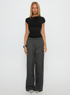 side view of model wearing Princess Polly Jaysa Baggy Wide Leg Pant Grey Pinstripe High Rise Pants 