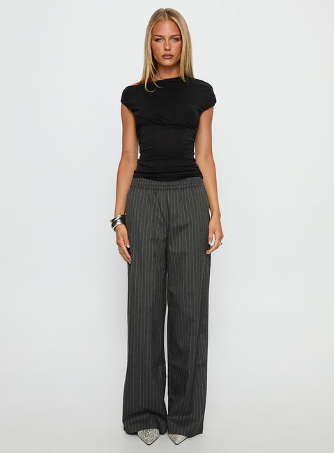 side view of model wearing Princess Polly Jaysa Baggy Wide Leg Pant Grey Pinstripe High Rise Pants 