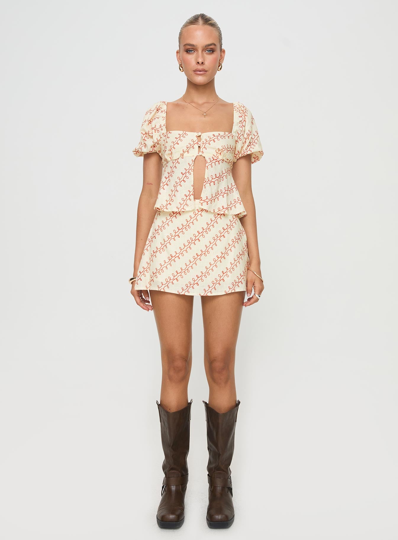 side view of model wearing Princess Polly Adios Linen Blend Skort Multi High Waisted Shorts 