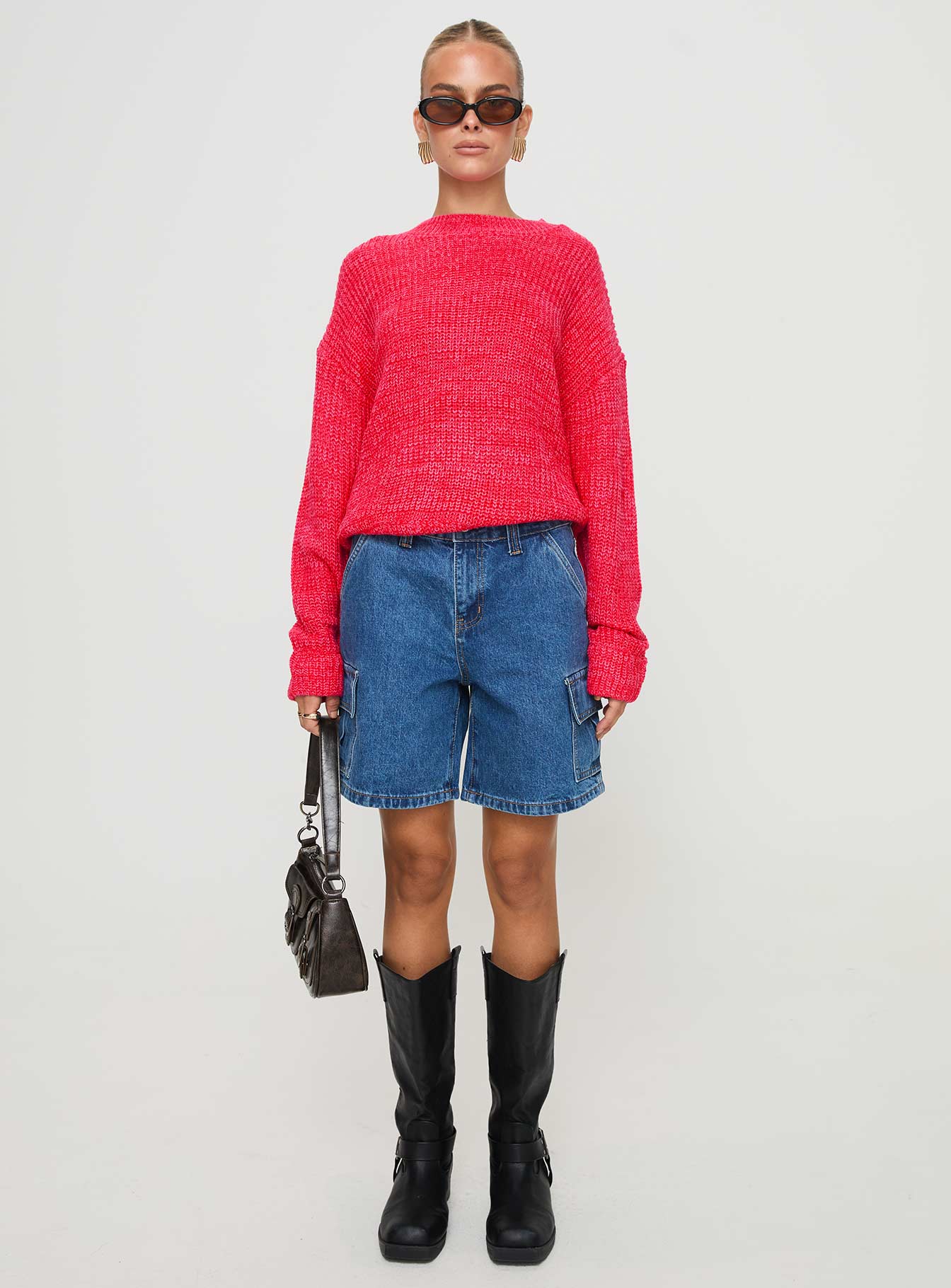 front view of model wearing Princess Polly Bae Sweater Pink/ Red 