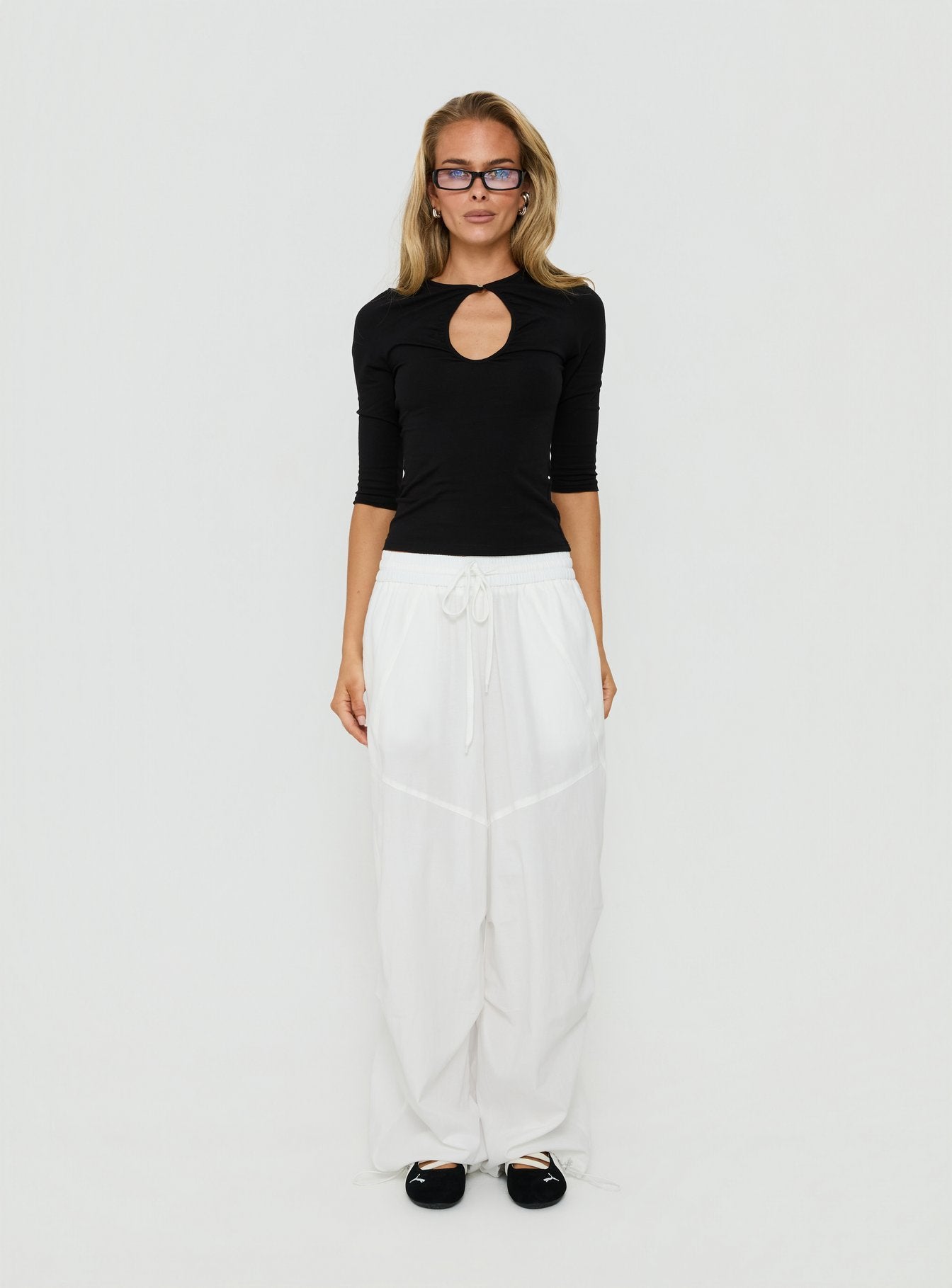 Discover the Mankind Baggy Cargo Pants White in womens-regular-pants with mid-rise, front view of model wearing Princess Polly