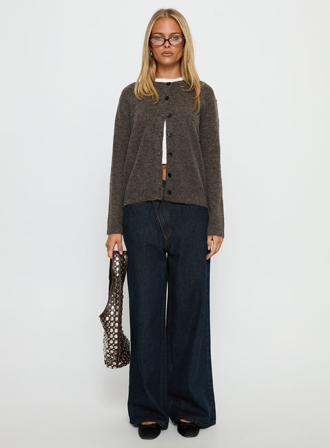 front view of model wearing Princess Polly Better Than Fiction Cardigan Mocha Cropped Jumpers 