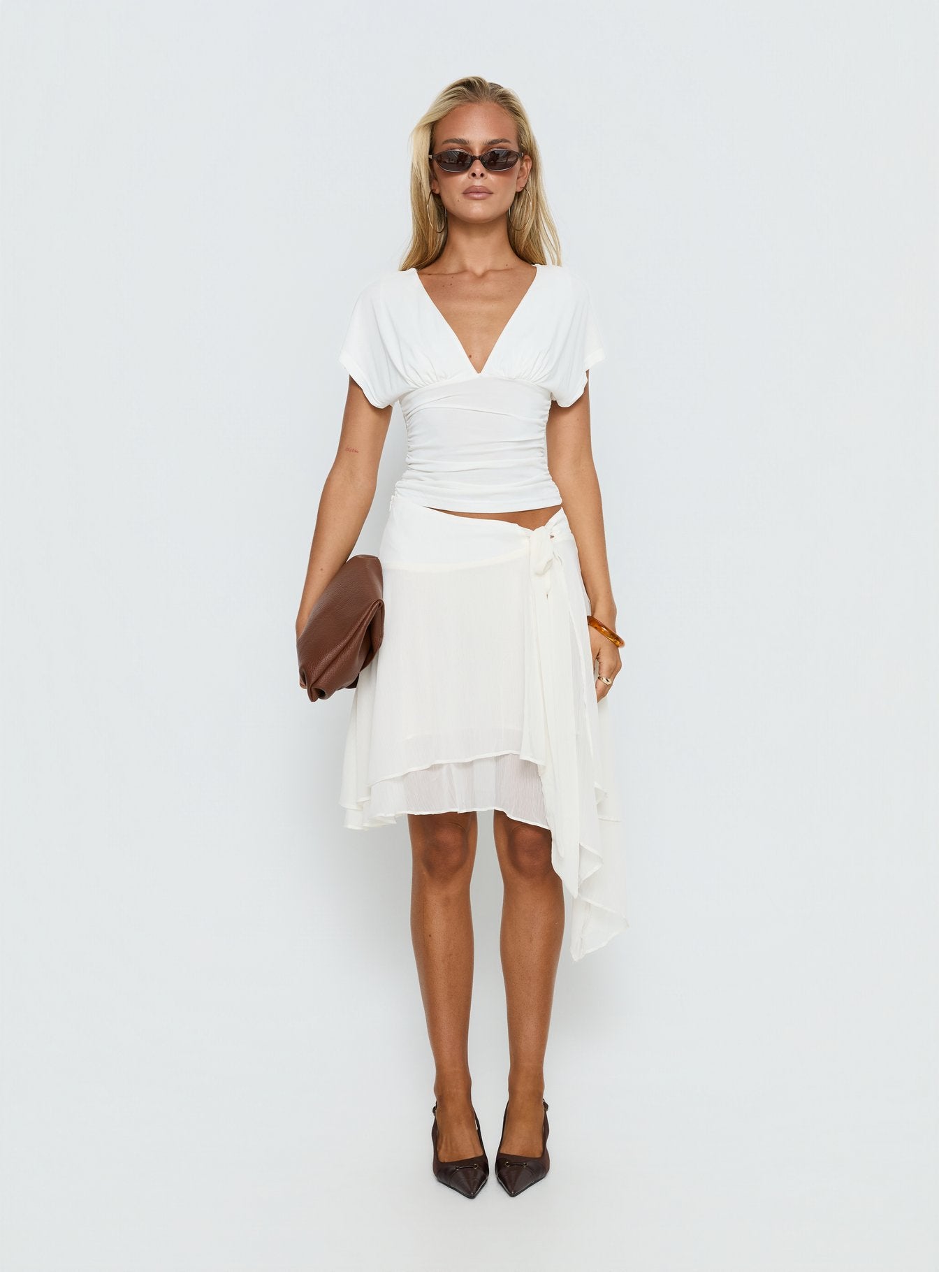 Ophella Tie Waist Chiffon Midi Skirt Cream