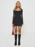 front view of model wearing Princess Polly Colline Long Sleeve Mini Dress Black Sweetheart Neckline 