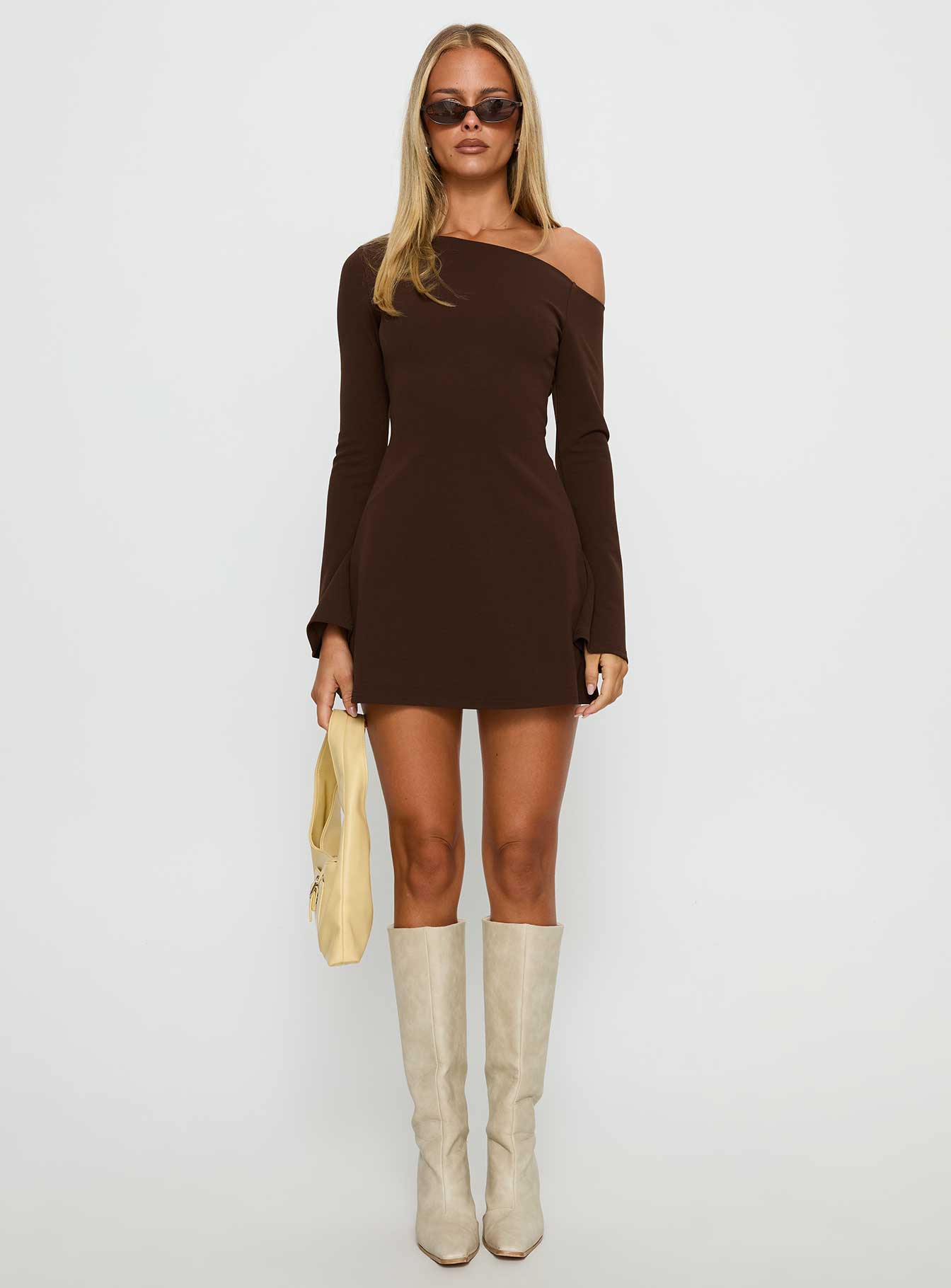 off the shoulder knit dress Thats So Fetch | Aaliyah Mini | Grey The SANDRINE Off Shoulder Knit Maxi Dress is a striking blend of romance and refinement Ladies - Dusty Yellow Fine-Knit