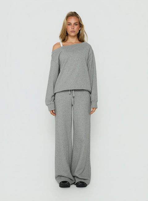 Showcasing the Wellness Off The Shoulder Jumper Dark Grey Marle in womens-jumpers with long length and oversized fit front view of model wearing Princess Polly