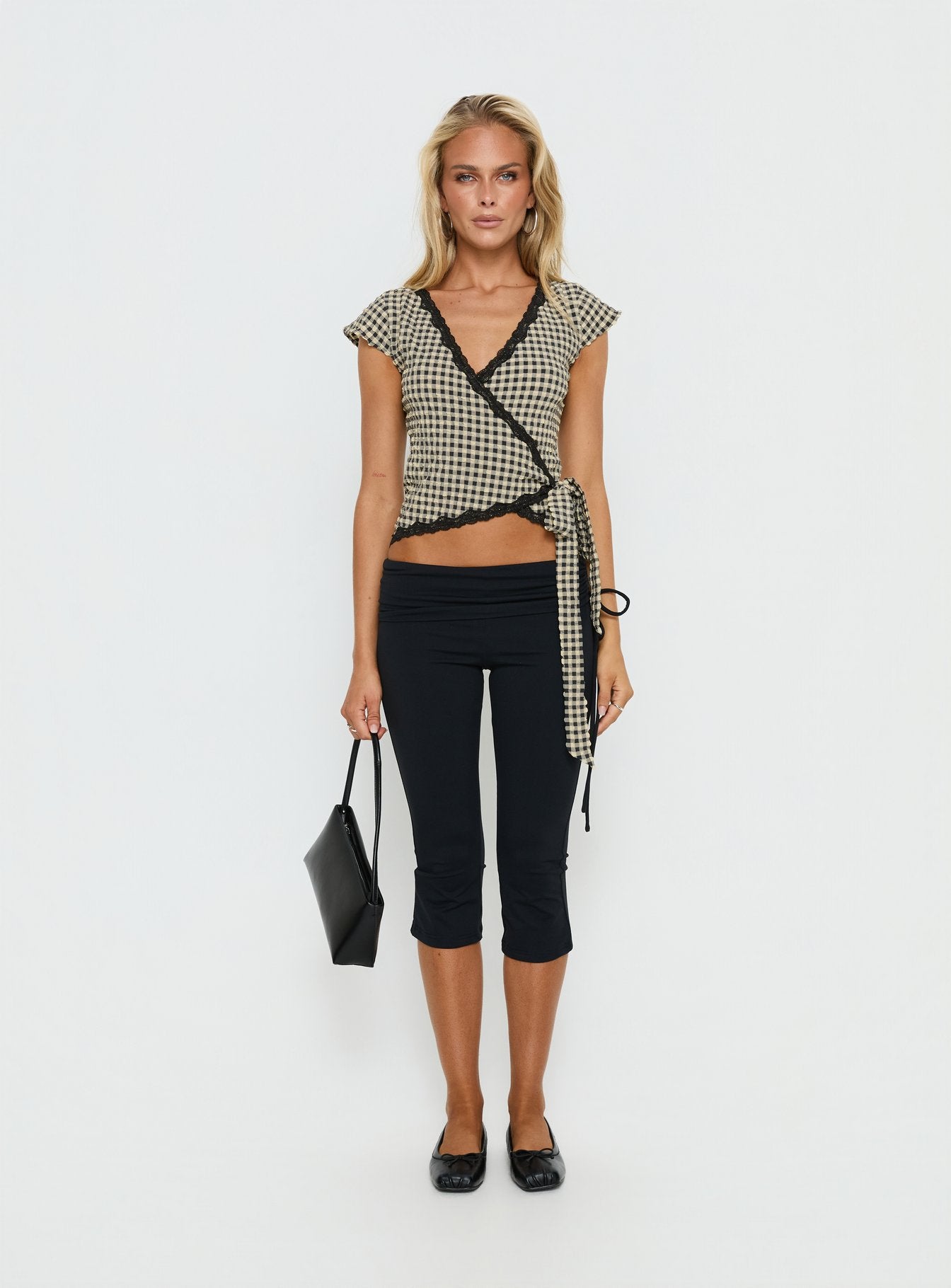 Meltwater Lace Trim Wrap Detail Top Black Check | Princess Polly