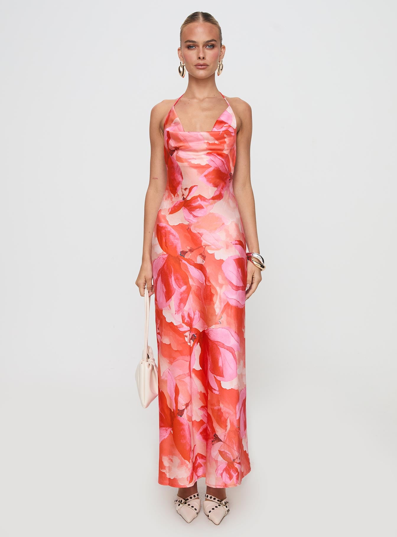 front view of model wearing Princess Polly Simor Maxi Dress Red Cowl Neck 