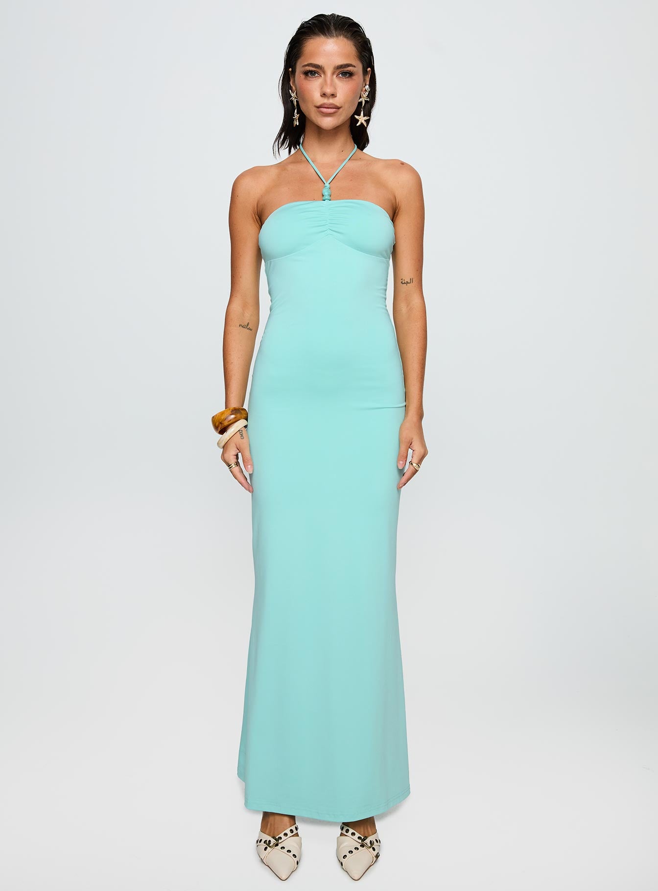 front view of model wearing Princess Polly A Vision Hardware Detail Maxi Dress Blue Straight Neck 