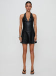 front view of model wearing Princess Polly Hit Different Faux Leather Mini Dress Black Plunger 