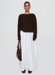 front view of model wearing Princess Polly Abrams Rib Knit Crew Sweater Chocolate Marle Long 