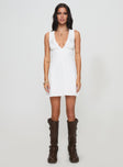 front view of model wearing Princess Polly Abagail Embroidered Mini Dress White Plunger 