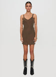 front view of model wearing Princess Polly Laurette Mini Dress Brown V-Neck 