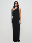 front view of model wearing Princess Polly Trail Blazer Asymmetrical Maxi Dress Black Asymmetric Neckline 