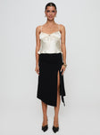   front view of model wearing Princess Polly Venissa Ruched Midi Skirt Black Midi Skirts 