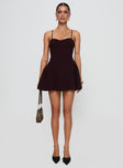 front view of model wearing Princess Polly Abdul Mini Dress Wine Sweetheart Neckline 