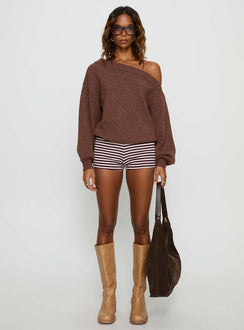 front view of model wearing Princess Polly Noble Off The Shoulder Sweater Chocolate 