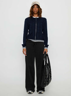 front view of model wearing Princess Polly Tevyn Cable Knit Zip Through Knit Sweater Blue / Cream Cropped Jumpers 