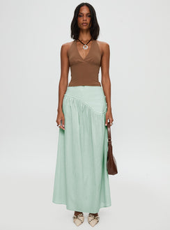   front view of model wearing Princess Polly Yasemine Maxi Skirt Green / White Maxi 