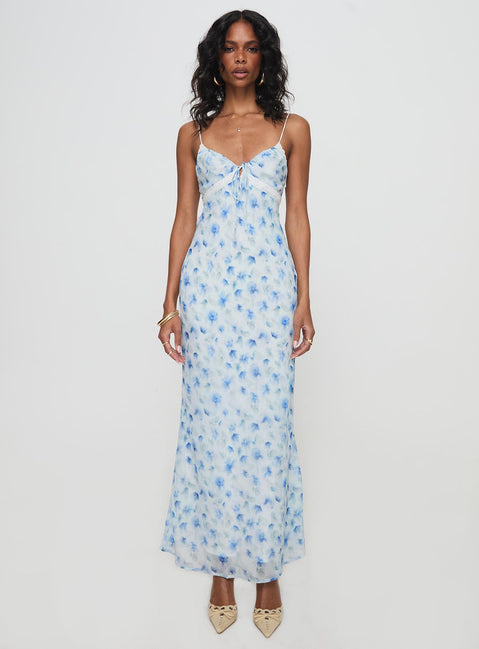front view of model wearing Princess Polly Emily Maxi Dress Blue Floral V-Neck 