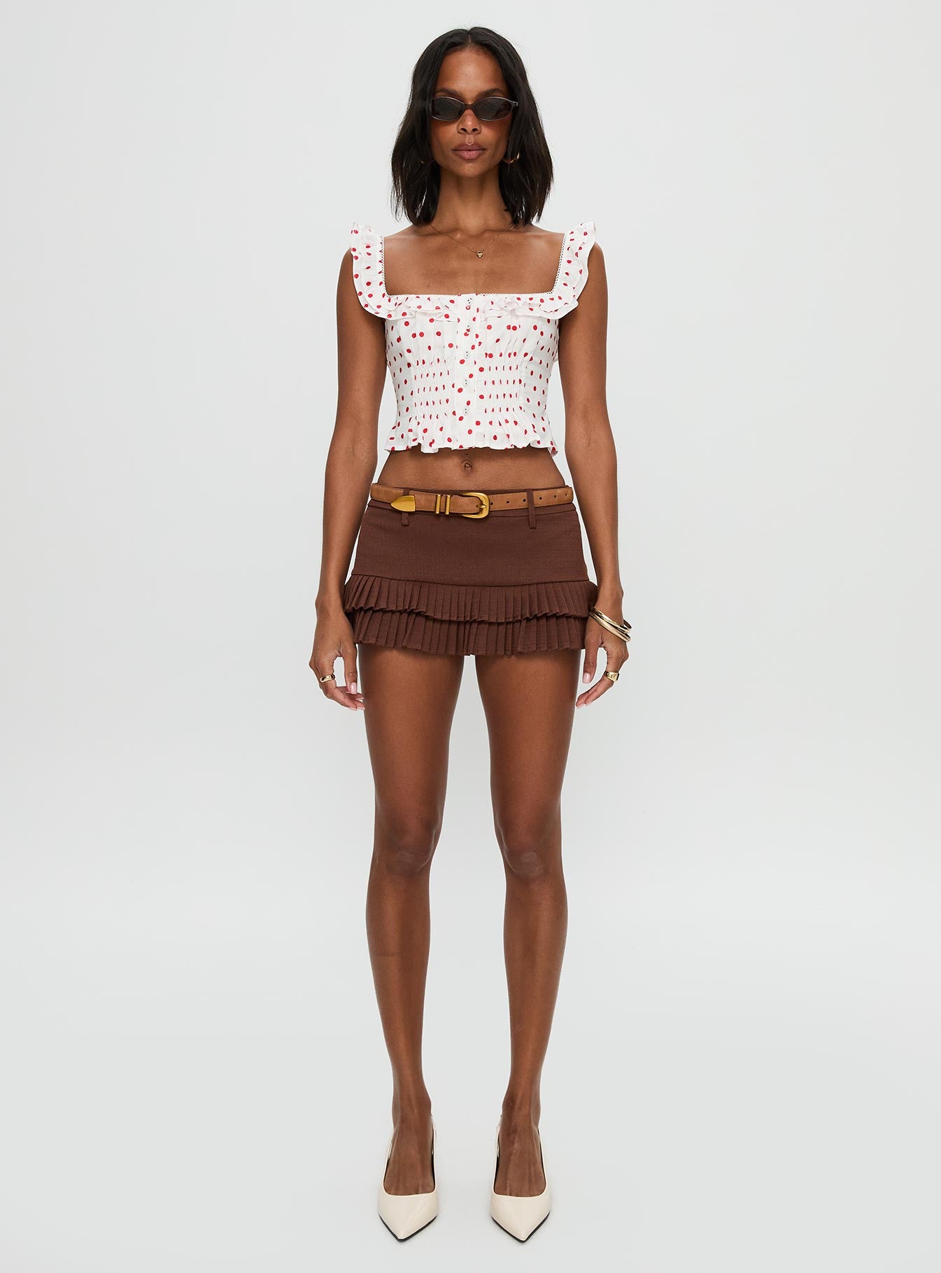 front view of model wearing Princess Polly Isadoria Frill Top White / Red Polka Sleeveless Square Neck 