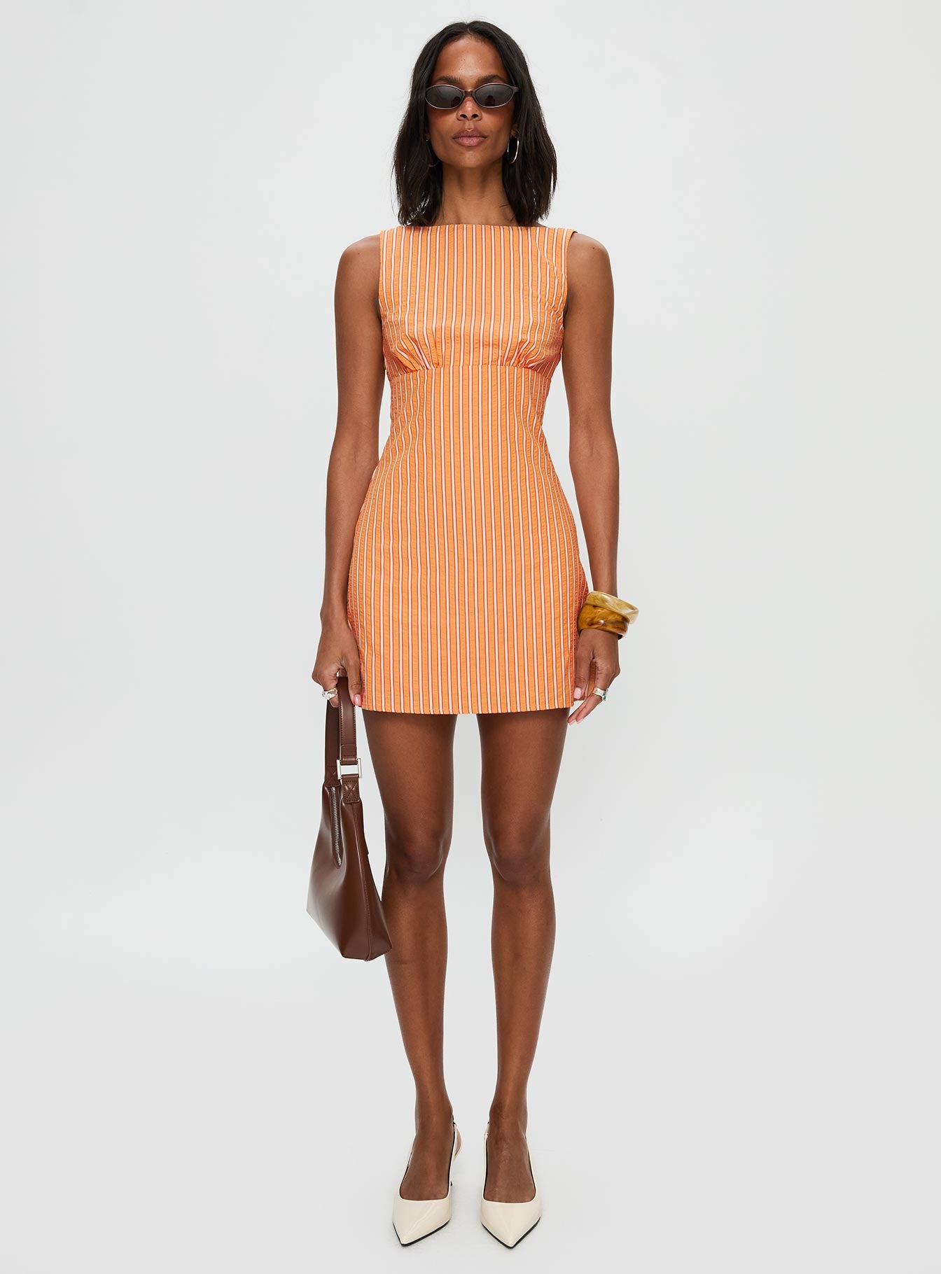 Ellesandra Boat Neck Mini Dress Orange Stripe | Princess Polly