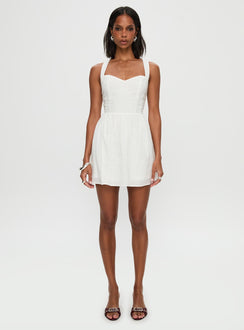 front view of model wearing Princess Polly Zolena Halter Mini Dress White Sweetheart Neckline 