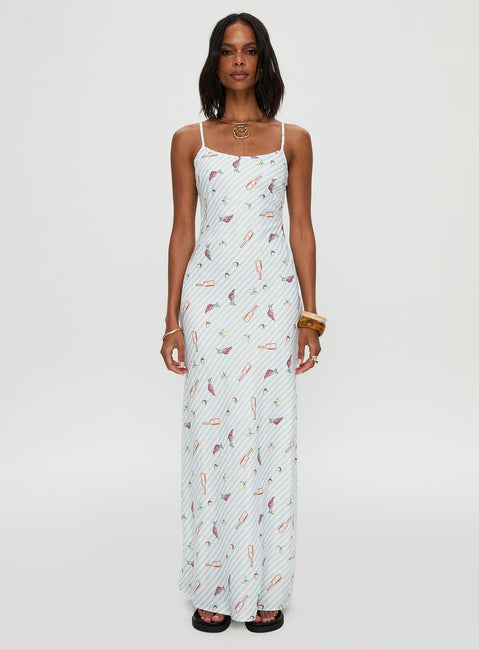 front view of model wearing Princess Polly Charcuterie Maxi Dress Blue Scoop Neck 