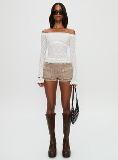 back view of model wearing Princess Polly Mochapella Off The Shoulder Top White Full Sleeves straight 