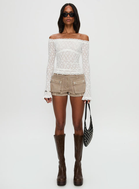 back view of model wearing Princess Polly Mochapella Off The Shoulder Top White Full Sleeves straight 