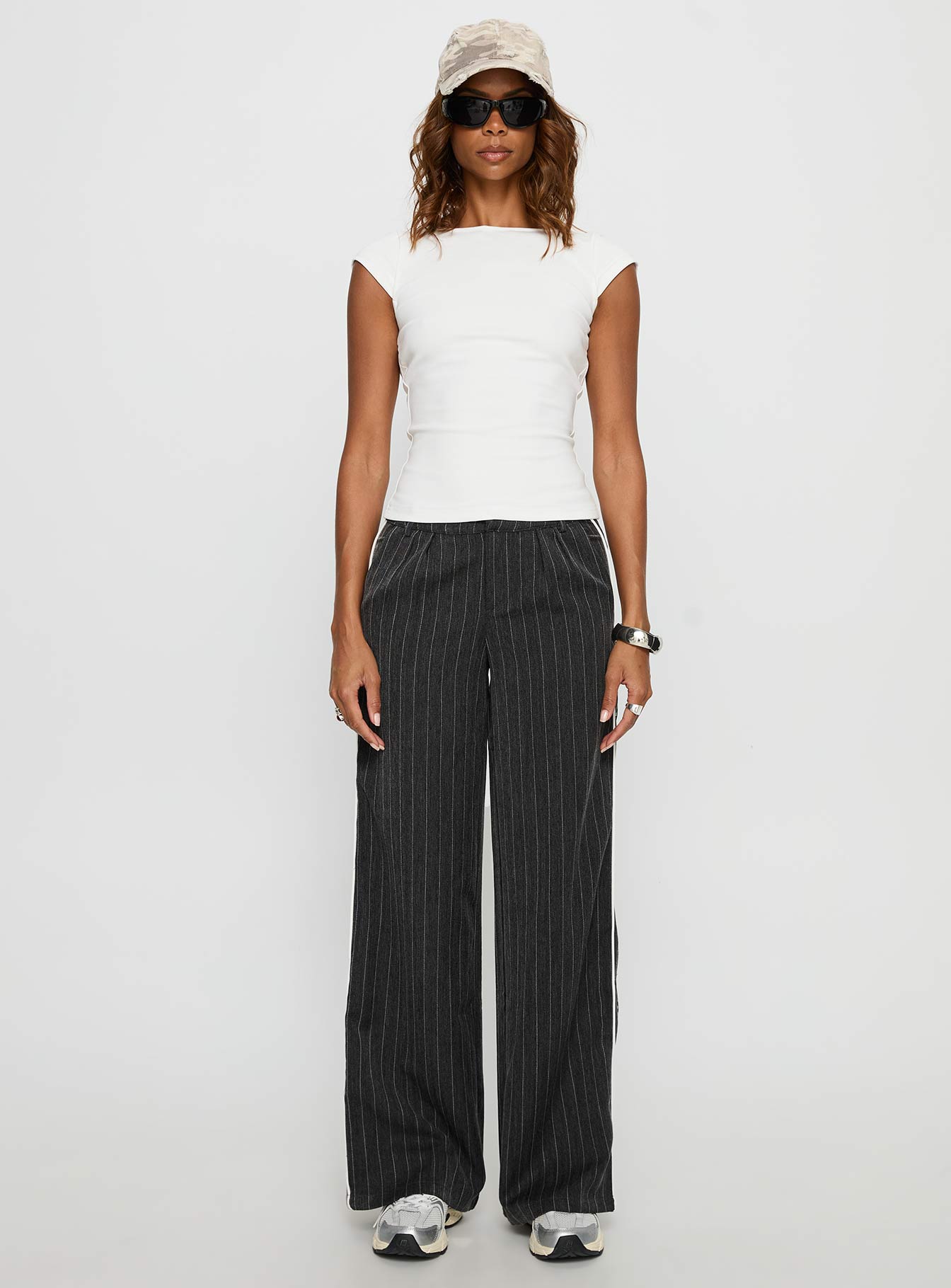Knowla Pleated Trouser Pant Grey Pinstripe | Princess Polly