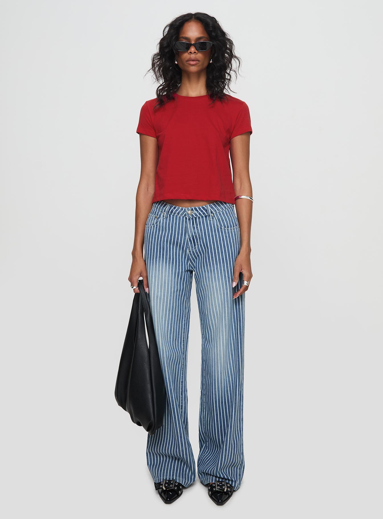 front view of model wearing Princess Polly Blaise Jeans Blue Stripe Mid Rise 