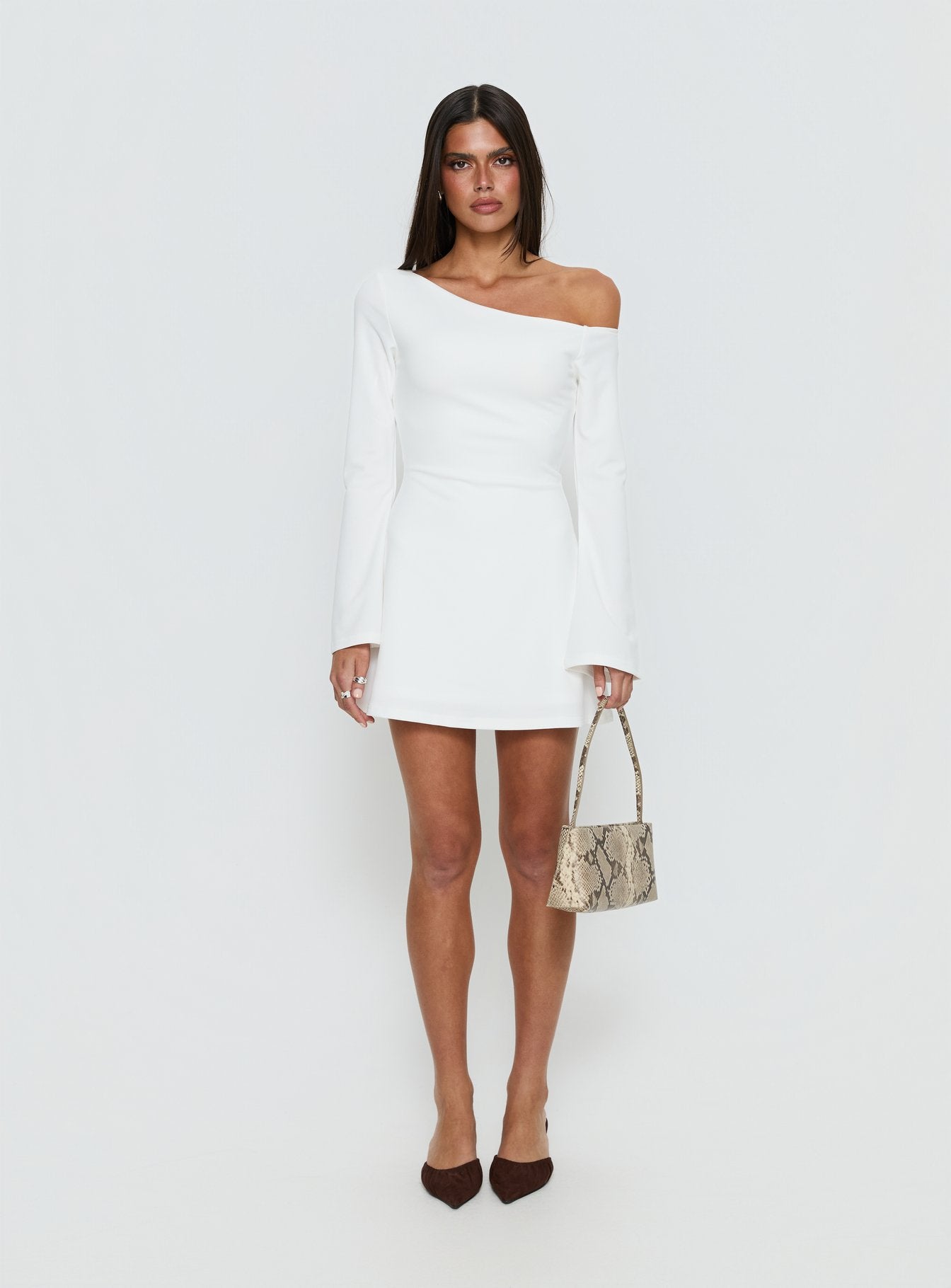 Adrietta Long Sleeve Off Shoulder Knit Mini Dress White | Princess