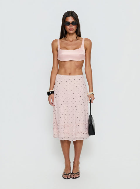   front view of model wearing Princess Polly Clarabella Frill Midi Skirt Pink Polka Dot Midi Skirts 