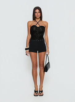 side view of model wearing Princess Polly Edana Ruched Sequin Bodysuit Black Sleeveless 